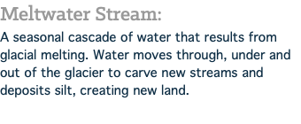 Meltwater Stream: A seasonal cascade of water that results from glacial melting. Water moves through, under and out of the glacier to carve new streams and deposits silt, creating new land.