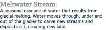 Meltwater Stream: A seasonal cascade of water that results from glacial melting. Water moves through, under and out of the glacier to carve new streams and deposits silt, creating new land.